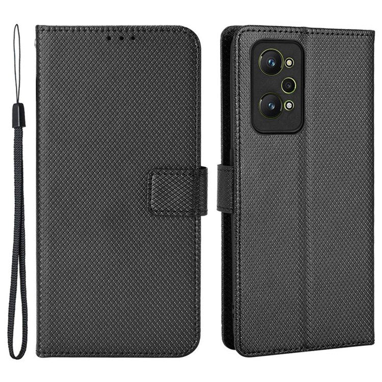 PU Leather Cover for Realme GT Neo2 5G/GT Neo 3T 5G/GT2 Anti-scratch Diamond Texture Wallet Stand Magnetic Full Protection Phone Case - Black