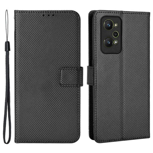 PU Leather Cover for Realme GT Neo2 5G/GT Neo 3T 5G/GT2 Anti-scratch Diamond Texture Wallet Stand Magnetic Full Protection Phone Case - Black