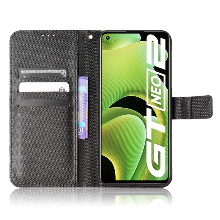 PU Leather Cover for Realme GT Neo2 5G/GT Neo 3T 5G/GT2 Anti-scratch Diamond Texture Wallet Stand Magnetic Full Protection Phone Case - Black