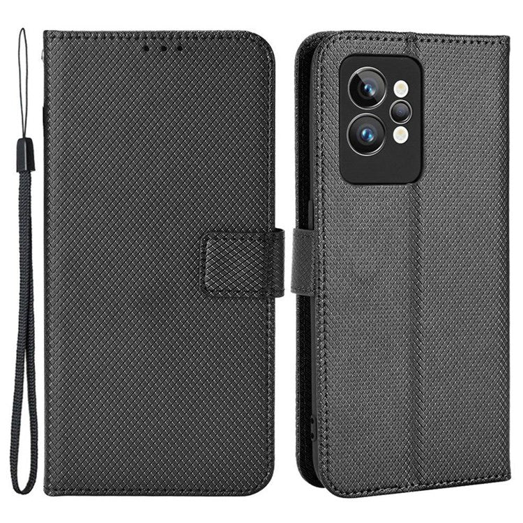 For Realme GT2 Pro Magnetic Clasp Diamond Texture Adjustable Stand PU Leather Wallet Cover - Black