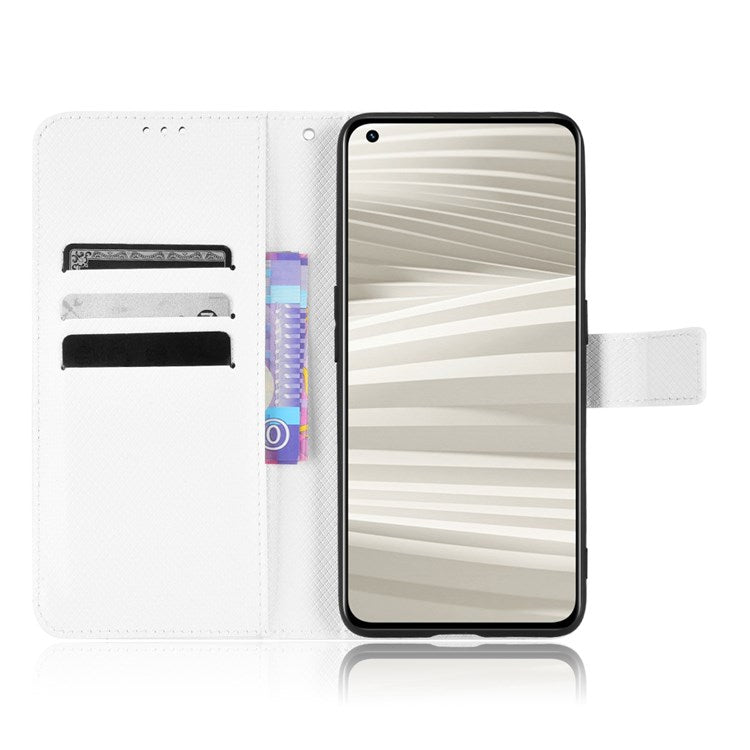 For Realme GT2 Pro Magnetic Clasp Diamond Texture Adjustable Stand PU Leather Wallet Cover - White