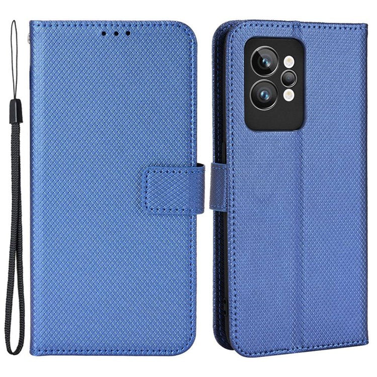 For Realme GT2 Pro Magnetic Clasp Diamond Texture Adjustable Stand PU Leather Wallet Cover - Blue