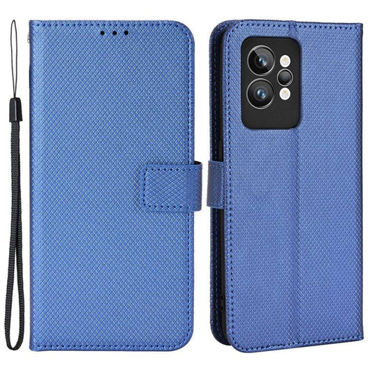 For Realme GT2 Pro Magnetic Clasp Diamond Texture Adjustable Stand PU Leather Wallet Cover - Blue