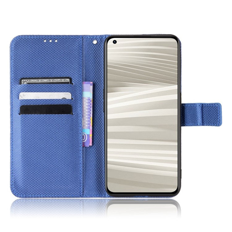 For Realme GT2 Pro Magnetic Clasp Diamond Texture Adjustable Stand PU Leather Wallet Cover - Blue