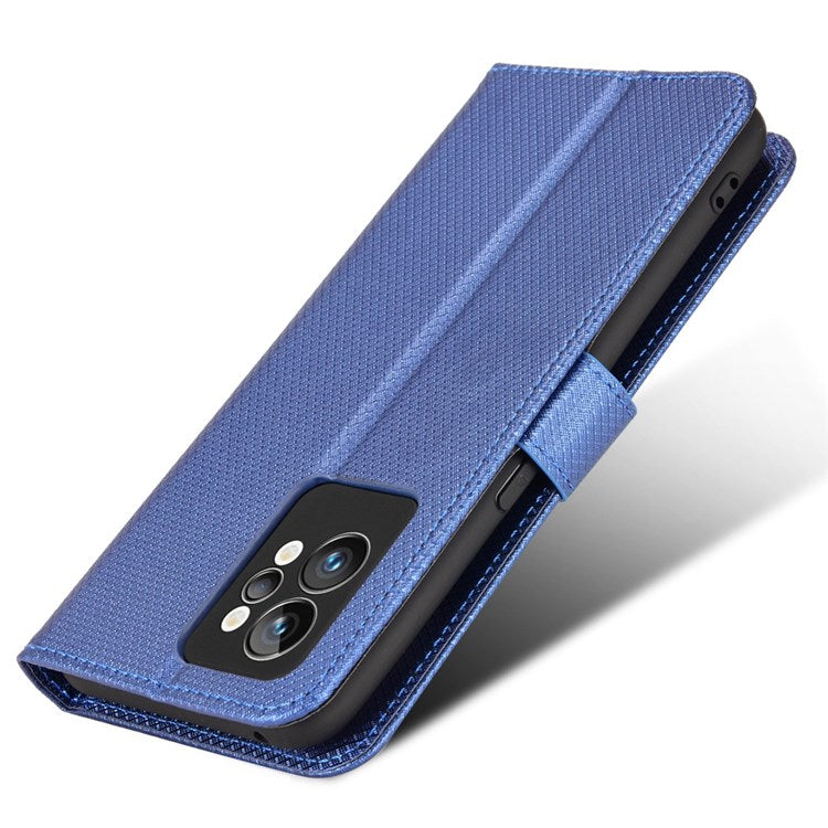 For Realme GT2 Pro Magnetic Clasp Diamond Texture Adjustable Stand PU Leather Wallet Cover - Blue