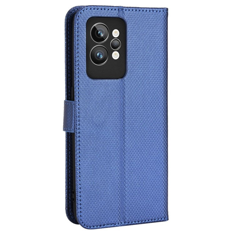 For Realme GT2 Pro Magnetic Clasp Diamond Texture Adjustable Stand PU Leather Wallet Cover - Blue