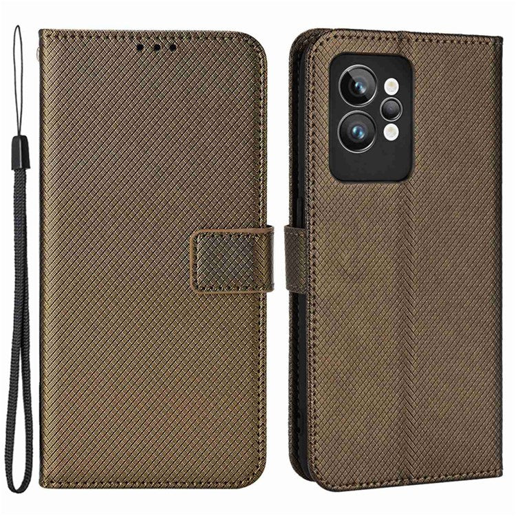For Realme GT2 Pro Magnetic Clasp Diamond Texture Adjustable Stand PU Leather Wallet Cover - Brown