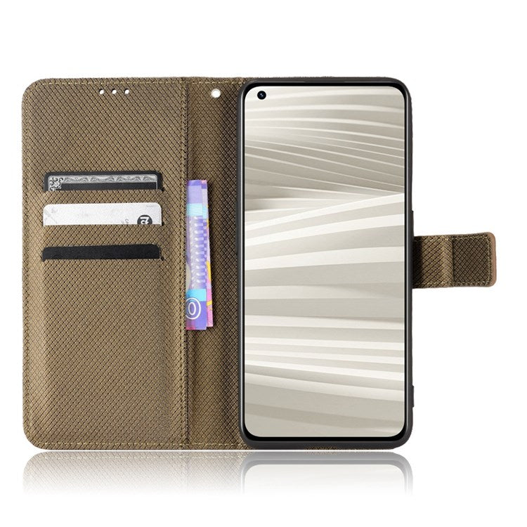 For Realme GT2 Pro Magnetic Clasp Diamond Texture Adjustable Stand PU Leather Wallet Cover - Brown