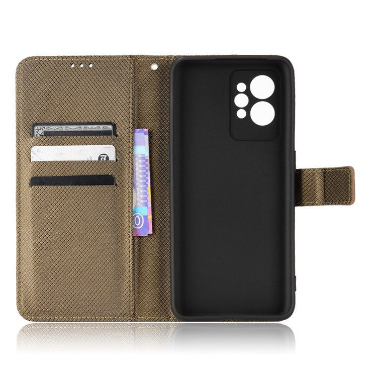 For Realme GT2 Pro Magnetic Clasp Diamond Texture Adjustable Stand PU Leather Wallet Cover - Brown