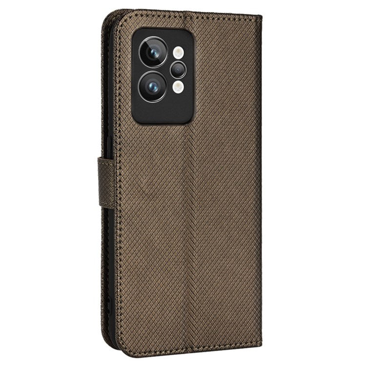 For Realme GT2 Pro Magnetic Clasp Diamond Texture Adjustable Stand PU Leather Wallet Cover - Brown