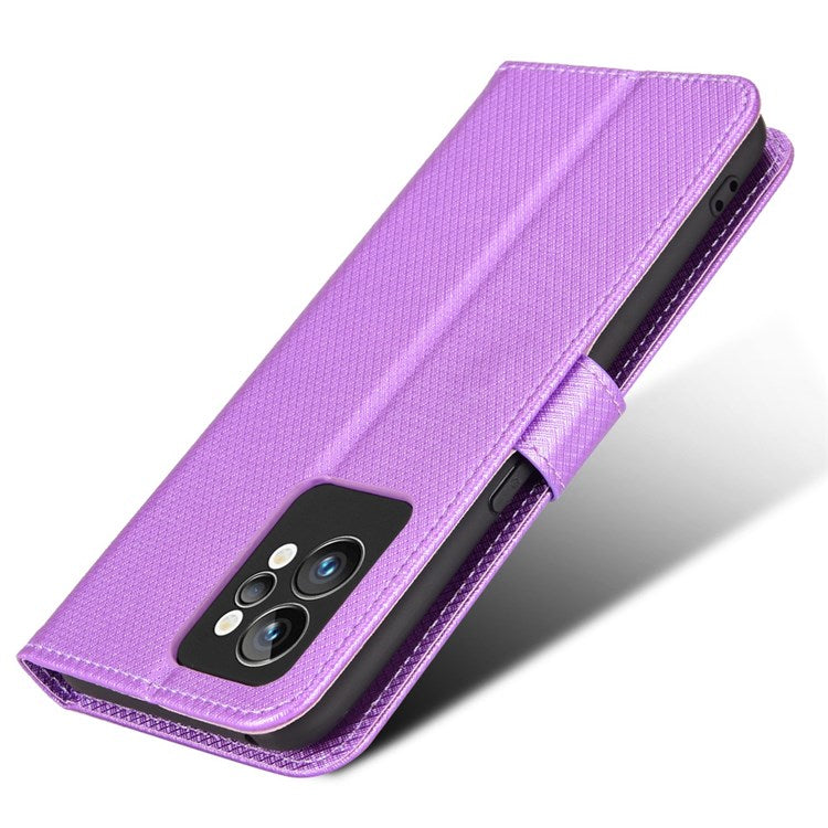 For Realme GT2 Pro Magnetic Clasp Diamond Texture Adjustable Stand PU Leather Wallet Cover - Purple