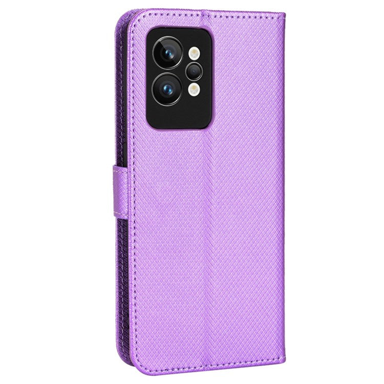 For Realme GT2 Pro Magnetic Clasp Diamond Texture Adjustable Stand PU Leather Wallet Cover - Purple