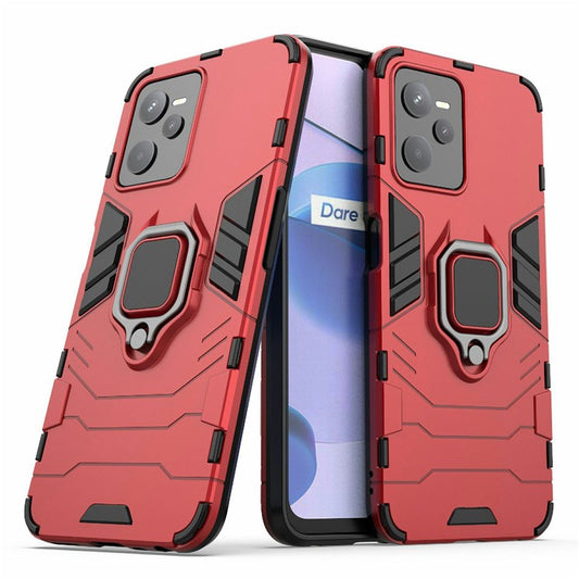 For Realme C35 Soft TPU + Hard PC Cover Ring Holder Kickstand Mobile Phone Case - Red