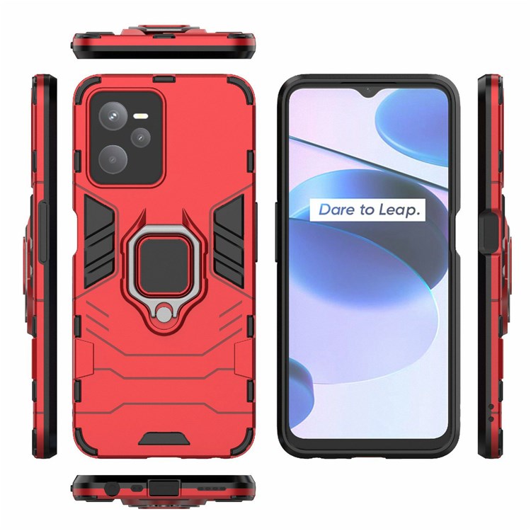 For Realme C35 Soft TPU + Hard PC Cover Ring Holder Kickstand Mobile Phone Case - Red