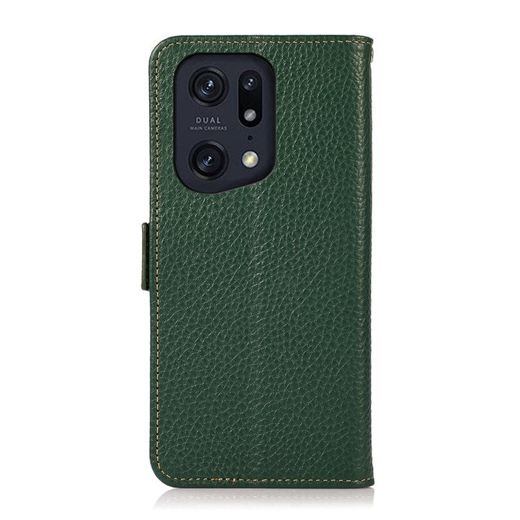 KHAZNEH Litchi Texture Case for Oppo Find X5 Pro, Stand Design All-round Shockproof Genuine Leather + TPU RFID Blocking Cover with Wallet - Green