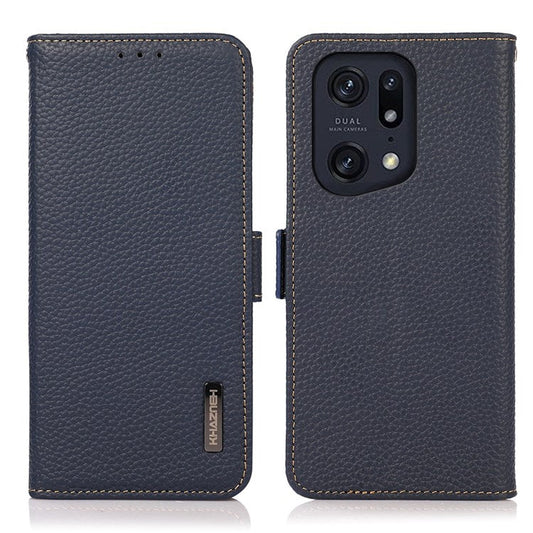 KHAZNEH Litchi Texture Case for Oppo Find X5 Pro, Stand Design All-round Shockproof Genuine Leather + TPU RFID Blocking Cover with Wallet - Blue