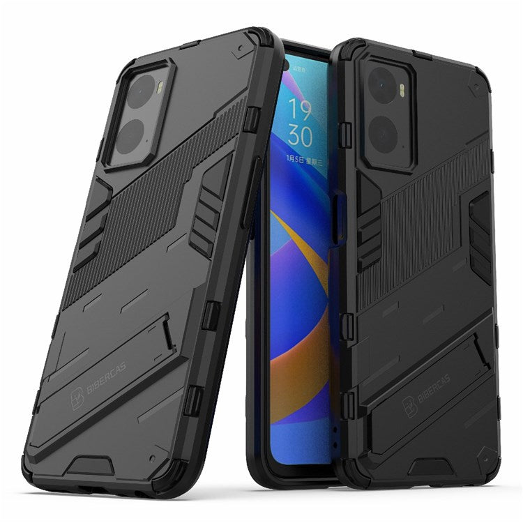 Hard PC + Soft TPU Case for Realme 9i / Oppo A36 / A76 Adjustable Kickstand Well-protected Phone Case Shell - Black