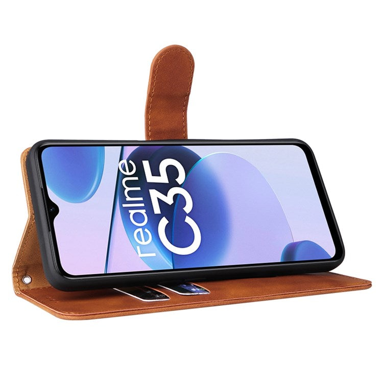 For Realme C35 Skin-touch Feeling Drop-proof PU Leather Case Wallet Stand Phone Cover - Brown