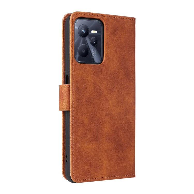 For Realme C35 Skin-touch Feeling Drop-proof PU Leather Case Wallet Stand Phone Cover - Brown
