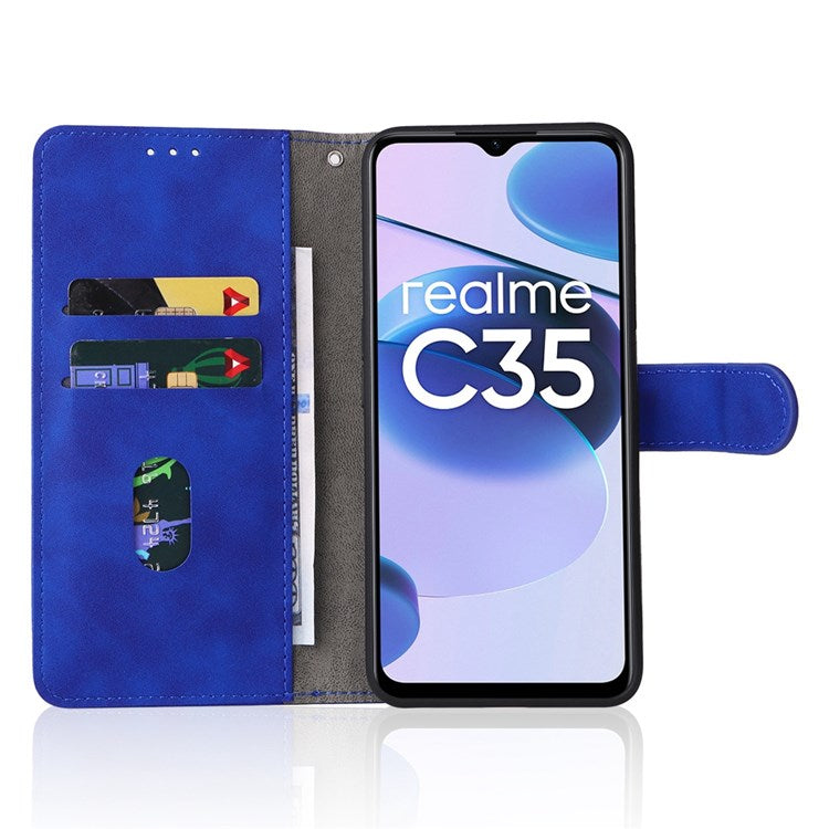For Realme C35 Skin-touch Feeling Drop-proof PU Leather Case Wallet Stand Phone Cover - Blue