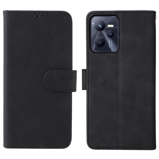 For Realme C35 Skin-touch Feeling Drop-proof PU Leather Case Wallet Stand Phone Cover - Black