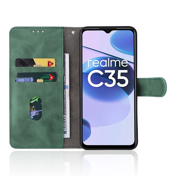 For Realme C35 Skin-touch Feeling Drop-proof PU Leather Case Wallet Stand Phone Cover - Green
