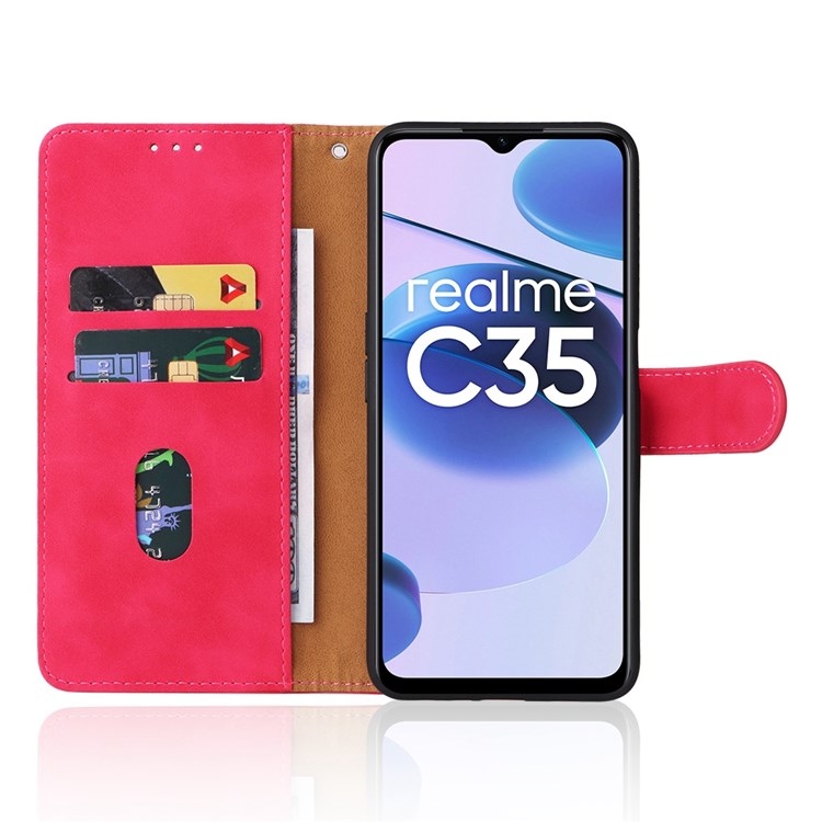 For Realme C35 Skin-touch Feeling Drop-proof PU Leather Case Wallet Stand Phone Cover - Rose