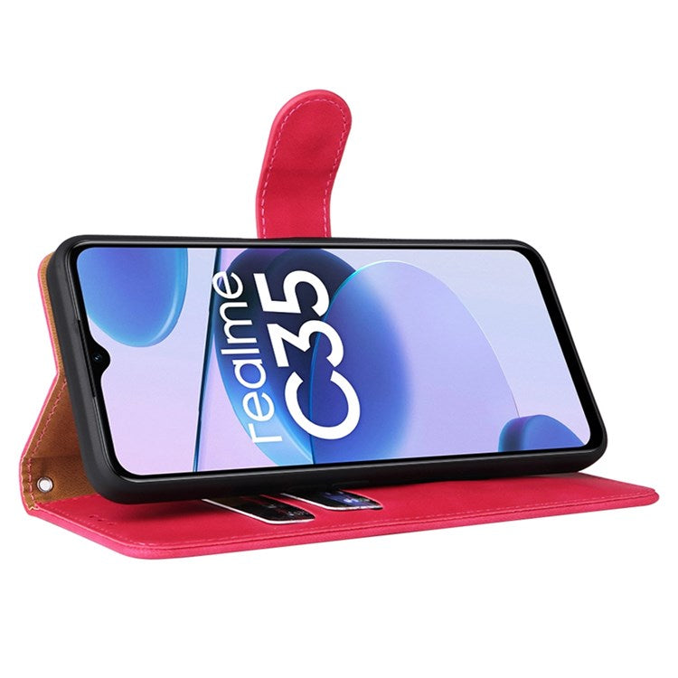 For Realme C35 Skin-touch Feeling Drop-proof PU Leather Case Wallet Stand Phone Cover - Rose