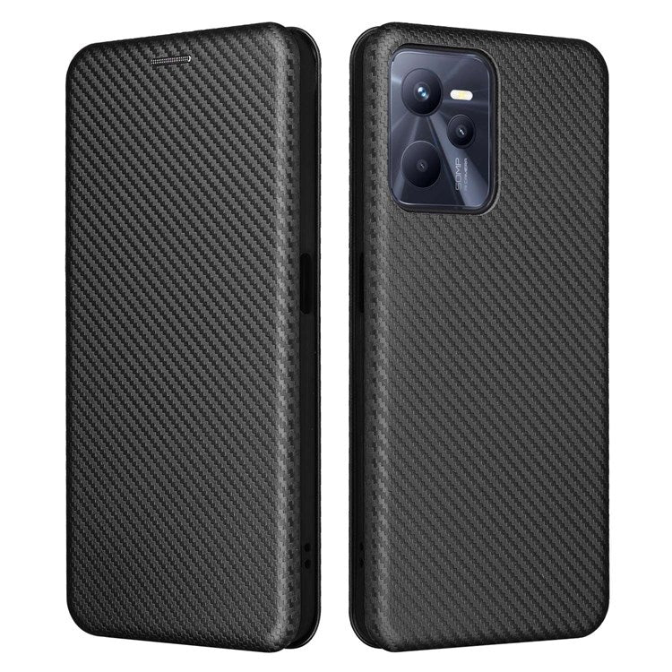 For Realme C35 Carbon Fiber Texture PU Leather Stand Case Magnetic Auto-absorbed Flip Phone Cover - Black