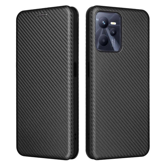 For Realme C35 Carbon Fiber Texture PU Leather Stand Case Magnetic Auto-absorbed Flip Phone Cover - Black