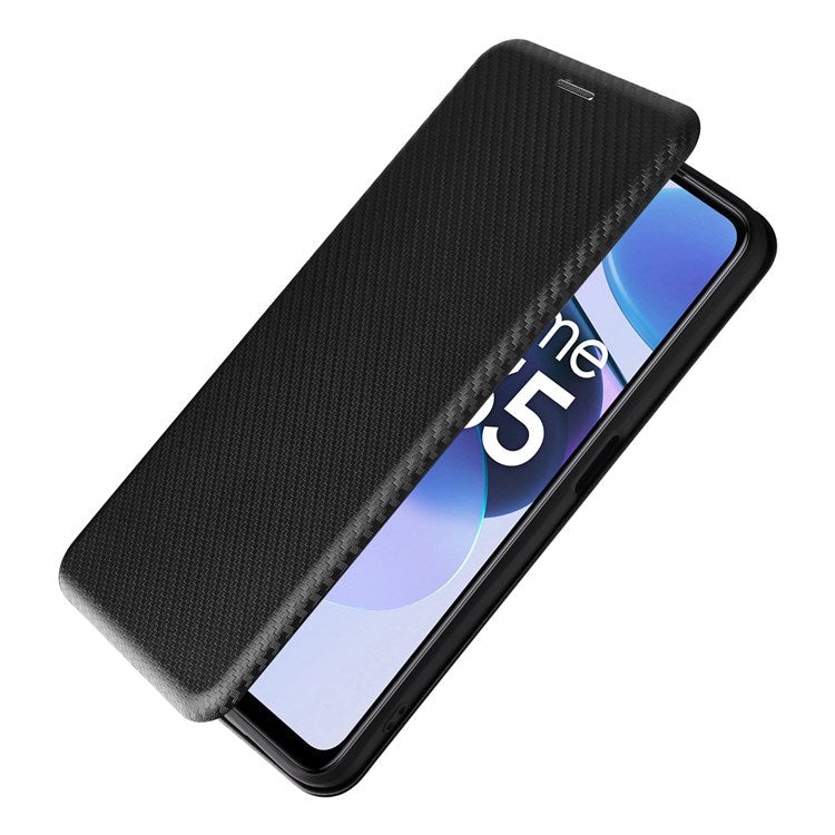 For Realme C35 Carbon Fiber Texture PU Leather Stand Case Magnetic Auto-absorbed Flip Phone Cover - Black