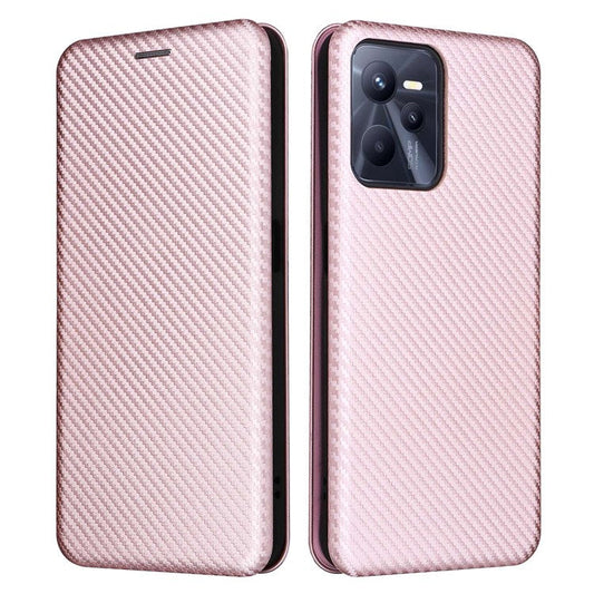 For Realme C35 Carbon Fiber Texture PU Leather Stand Case Magnetic Auto-absorbed Flip Phone Cover - Rose Gold