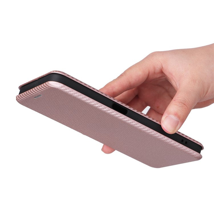 For Realme C35 Carbon Fiber Texture PU Leather Stand Case Magnetic Auto-absorbed Flip Phone Cover - Rose Gold