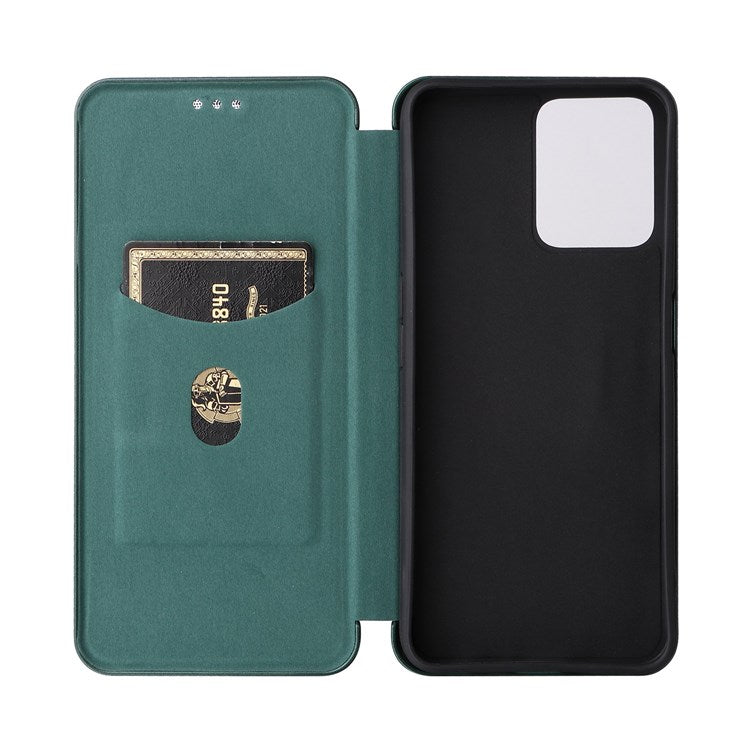 For Realme C35 Carbon Fiber Texture PU Leather Stand Case Magnetic Auto-absorbed Flip Phone Cover - Green