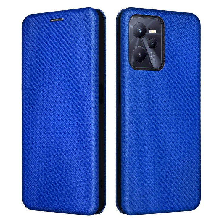 For Realme C35 Carbon Fiber Texture PU Leather Stand Case Magnetic Auto-absorbed Flip Phone Cover - Blue