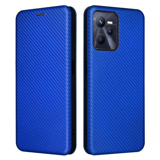 For Realme C35 Carbon Fiber Texture PU Leather Stand Case Magnetic Auto-absorbed Flip Phone Cover - Blue