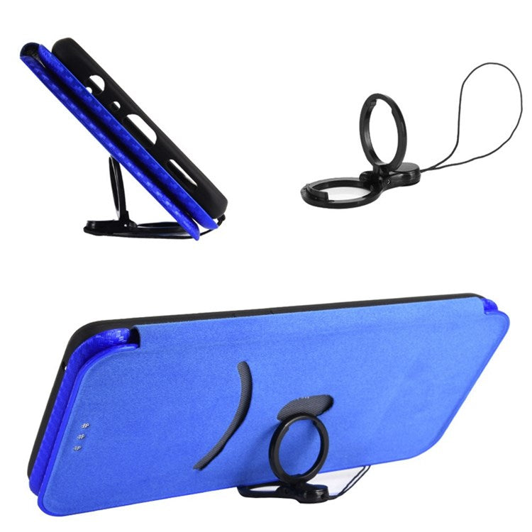 For Realme C35 Carbon Fiber Texture PU Leather Stand Case Magnetic Auto-absorbed Flip Phone Cover - Blue