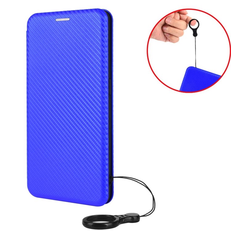 For Realme C35 Carbon Fiber Texture PU Leather Stand Case Magnetic Auto-absorbed Flip Phone Cover - Blue