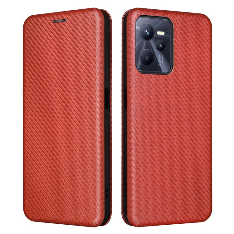 For Realme C35 Carbon Fiber Texture PU Leather Stand Case Magnetic Auto-absorbed Flip Phone Cover - Orange