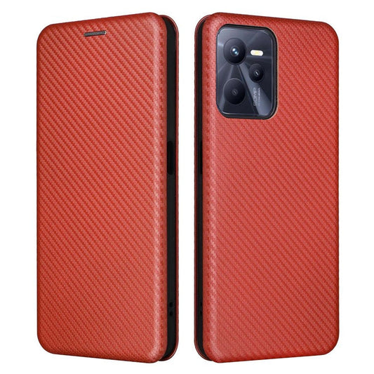 For Realme C35 Carbon Fiber Texture PU Leather Stand Case Magnetic Auto-absorbed Flip Phone Cover - Orange