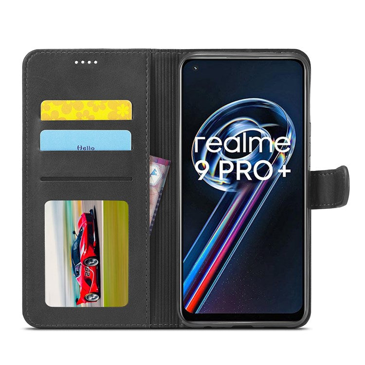 LC.IMEEKE for Realme 9/9 Pro+ Dual-sided Magnetic Clasp Textured PU Leather Wallet Cover Stand Protective Phone Case - Black