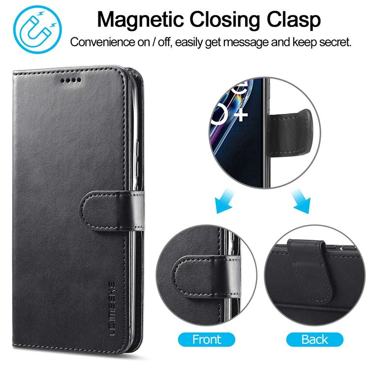 LC.IMEEKE for Realme 9/9 Pro+ Dual-sided Magnetic Clasp Textured PU Leather Wallet Cover Stand Protective Phone Case - Black