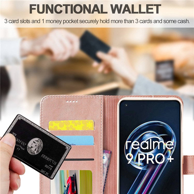 LC.IMEEKE for Realme 9/9 Pro+ Dual-sided Magnetic Clasp Textured PU Leather Wallet Cover Stand Protective Phone Case - Pink