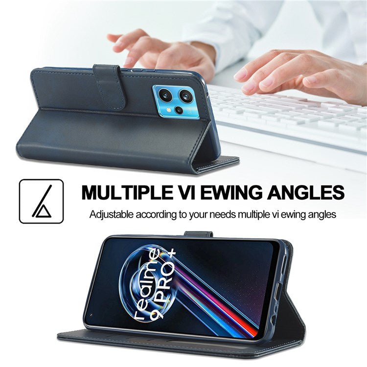 LC.IMEEKE for Realme 9/9 Pro+ Dual-sided Magnetic Clasp Textured PU Leather Wallet Cover Stand Protective Phone Case - Blue