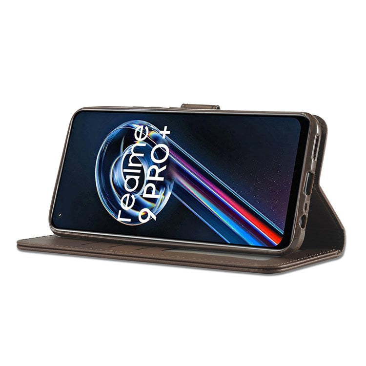 LC.IMEEKE for Realme 9/9 Pro+ Dual-sided Magnetic Clasp Textured PU Leather Wallet Cover Stand Protective Phone Case - Brown
