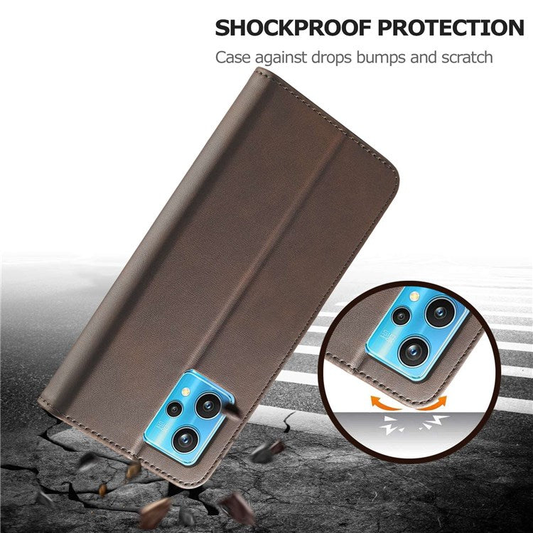 LC.IMEEKE for Realme 9/9 Pro+ Dual-sided Magnetic Clasp Textured PU Leather Wallet Cover Stand Protective Phone Case - Brown