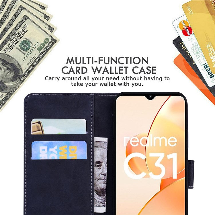 For Realme C31 Butterfly Pattern Printing PU Leather Stand Skin-touch Feeling Phone Case Wallet Protective Cover - Black