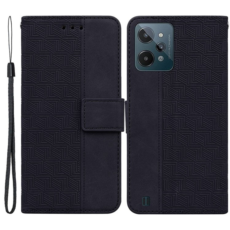 For Realme C31 PU Leather Case Stand Wallet Geometric Pattern Imprinted Protective Cover with Wrist Strap - Black