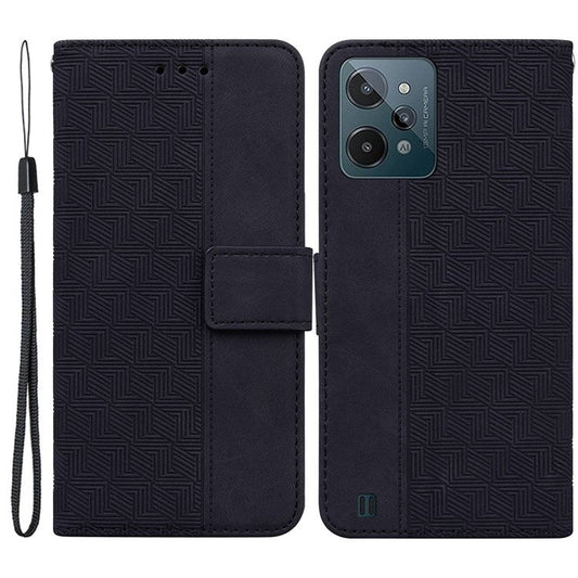 For Realme C31 PU Leather Case Stand Wallet Geometric Pattern Imprinted Protective Cover with Wrist Strap - Black