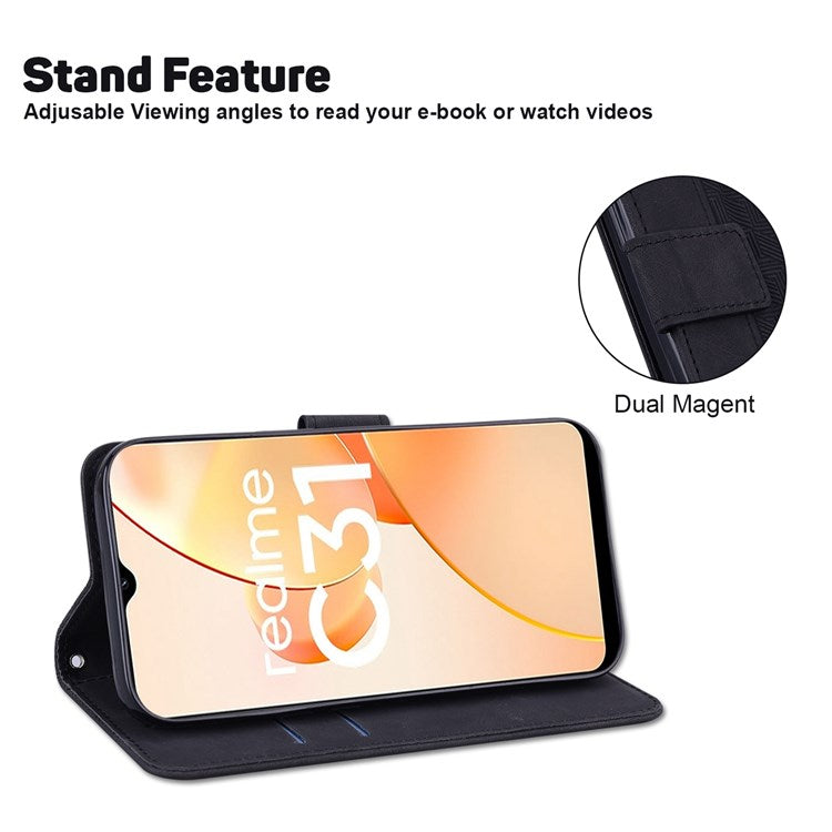 For Realme C31 PU Leather Case Stand Wallet Geometric Pattern Imprinted Protective Cover with Wrist Strap - Black